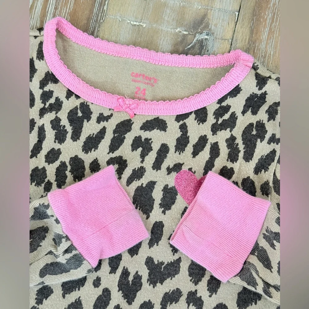 (3/$15) Carter's leopard cheetah tan brown pink long pajamas girls size 24m